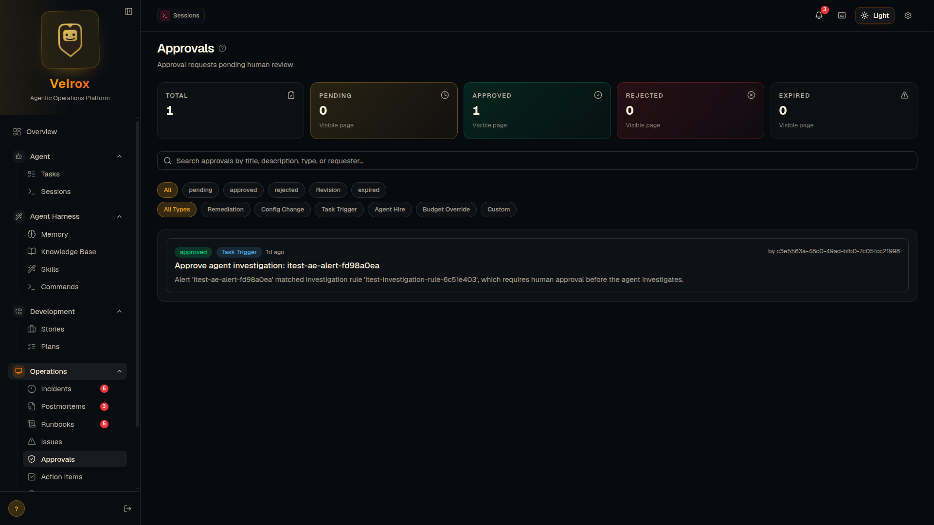 Veirox console showing pending and resolved approvals