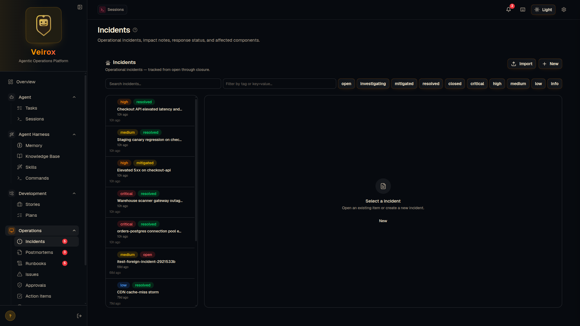 Veirox console showing the incidents list, filterable by severity and status