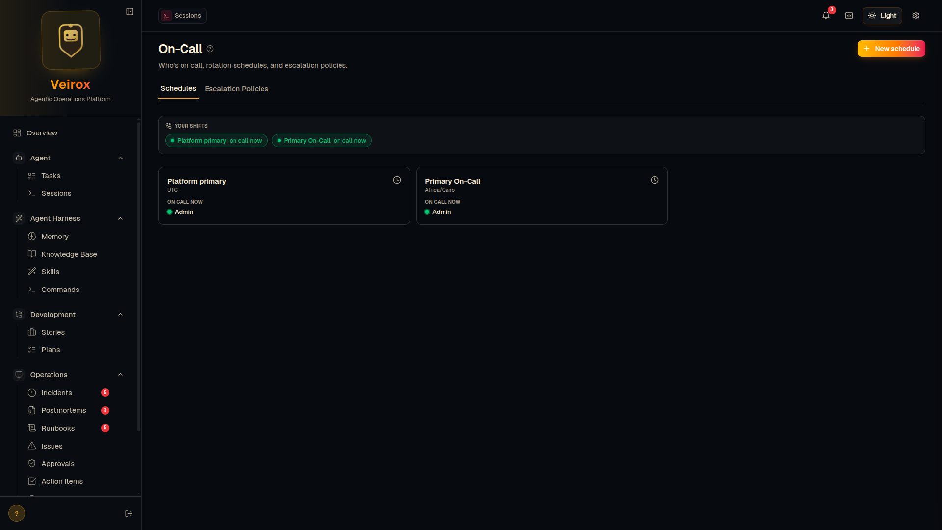 Veirox console showing on-call schedules and who's on call right now