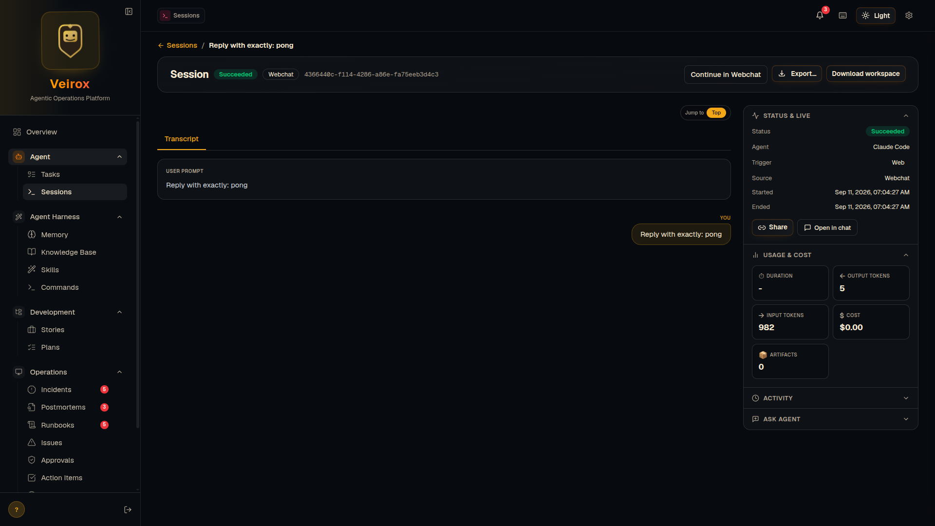 A completed task run's session output