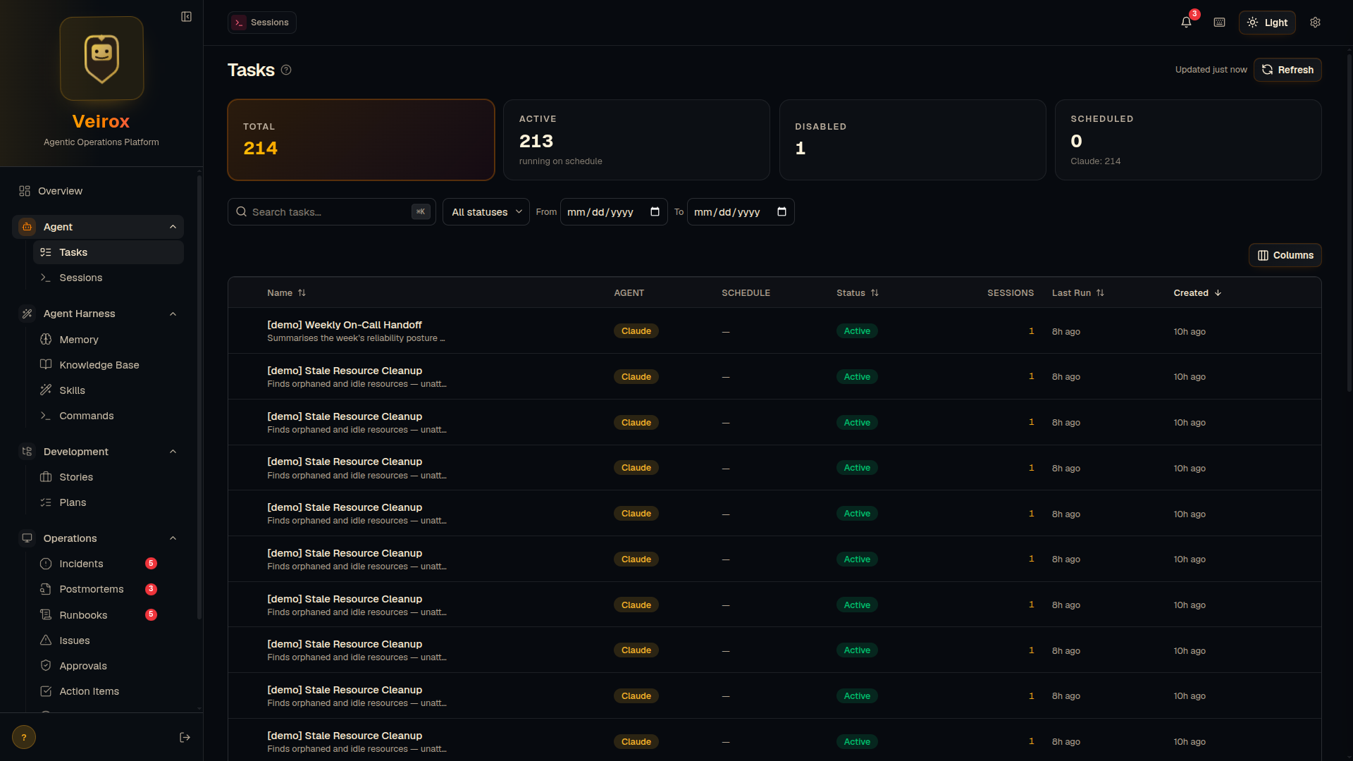Veirox console showing the Tasks list with recurring and on-demand automation jobs