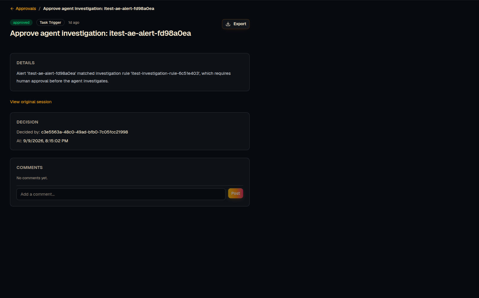 Approval detail showing an approved agent-investigation request
