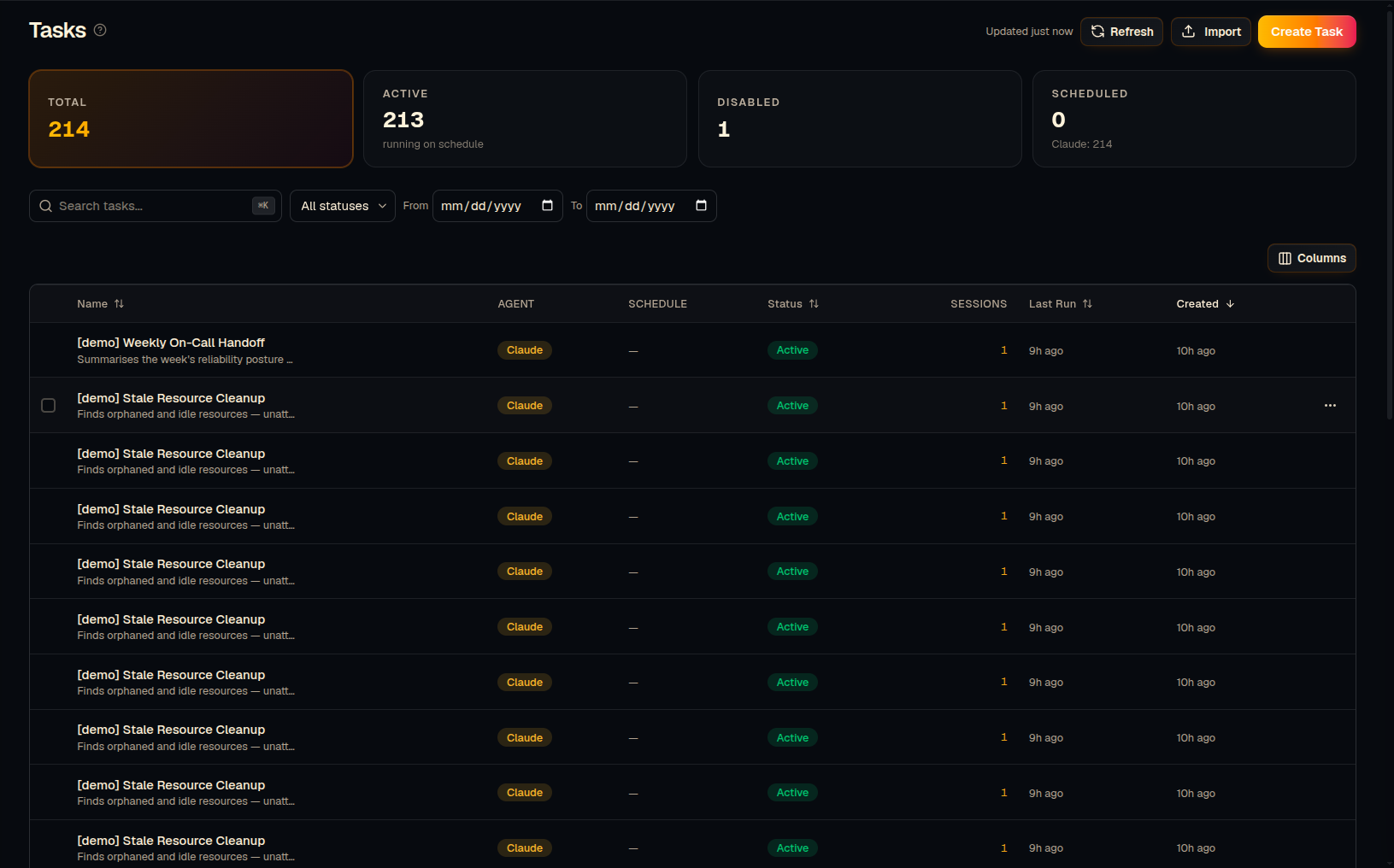 Tasks list showing automation jobs with their schedules